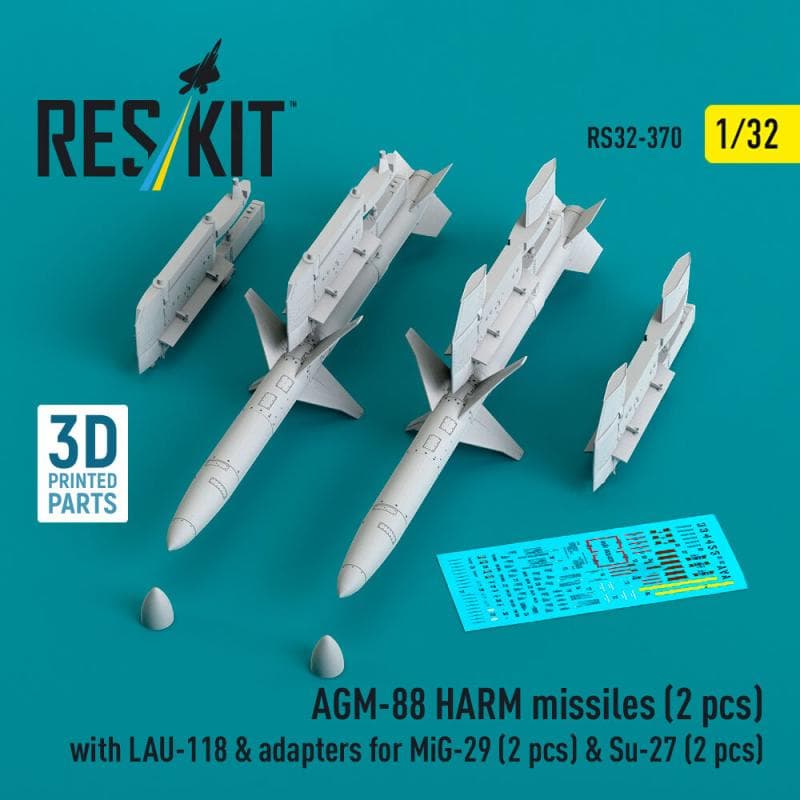 Agm-88 Harm Missiles (2 Pcs) With Lau-118 & Adapters For Mig-29 (2 Pcs) & Su-27 (2 Pcs) (3d Printed)