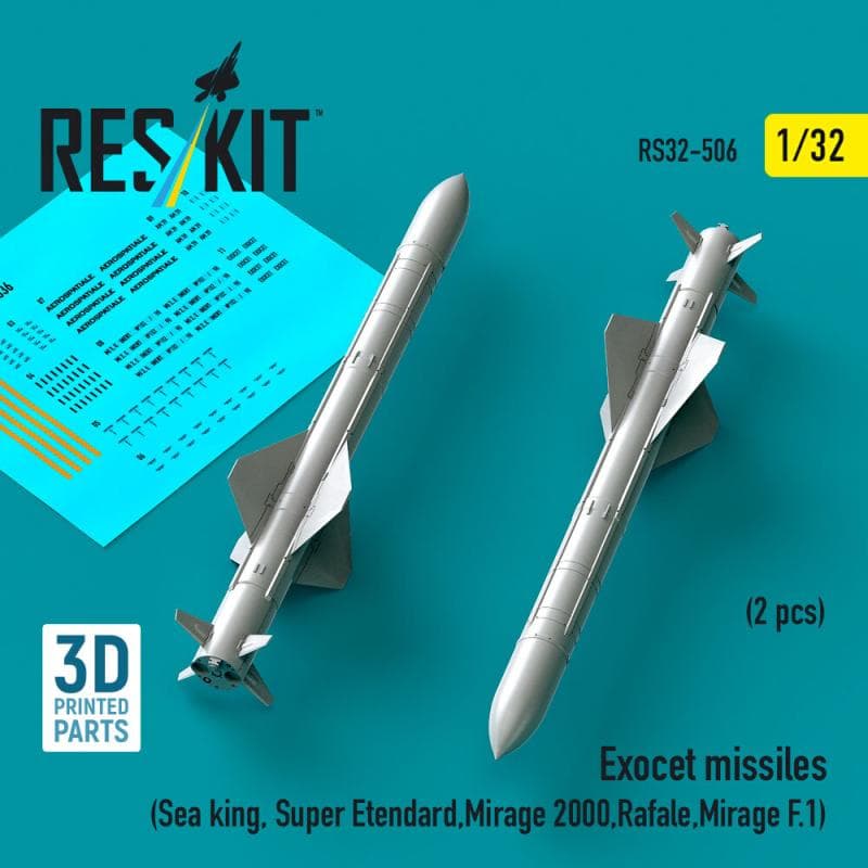 Exocet Missiles (2 Pcs) (Sea King, Super Etendard, Mirage 2000, Rafale, Mirage F.1) (3d Printed)