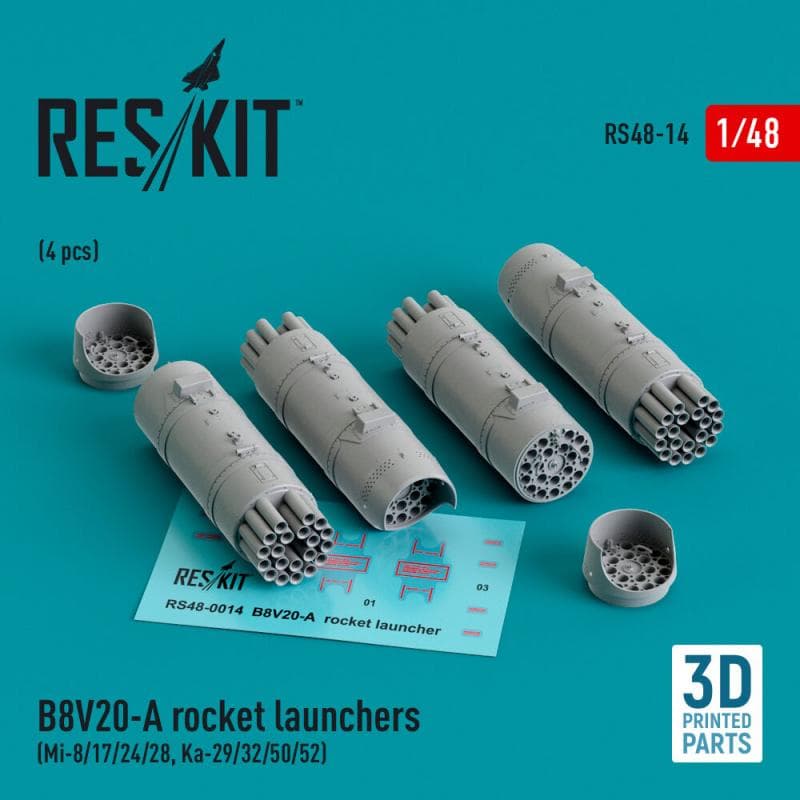 B8v20-? Rocket Launchers (4 Pcs) (Mi-8/17/24/28, Ka-29/32/50/52) (3d Printed)
