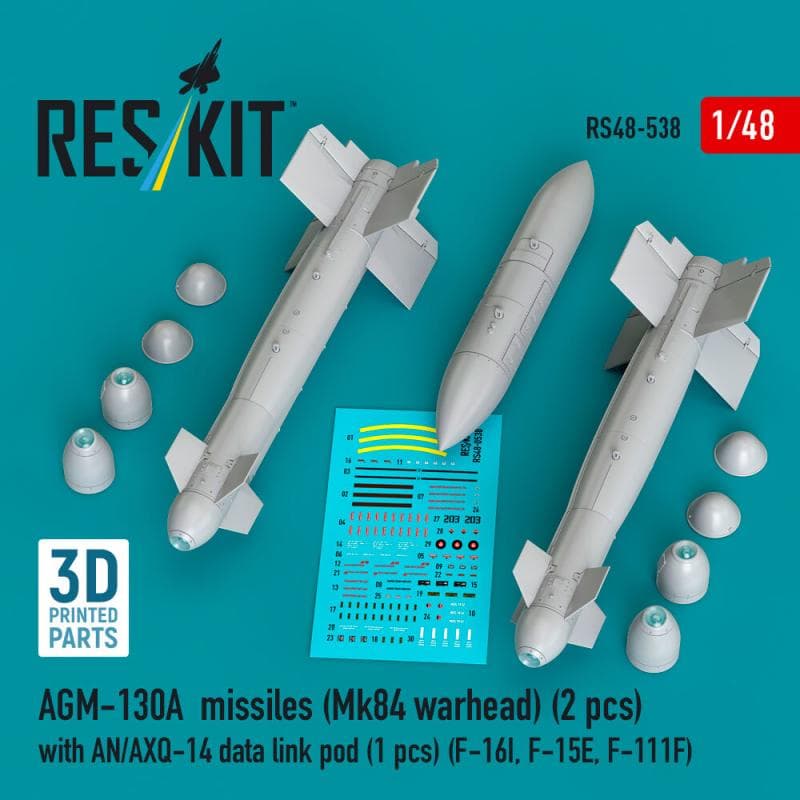 Agm-130a Missiles (2 Pcs) (Mk84 Warhead) With An/Axq-14 Data Link Pod (1 Pcs) (F-16i, F-15e, F-111f) (3d Printed)