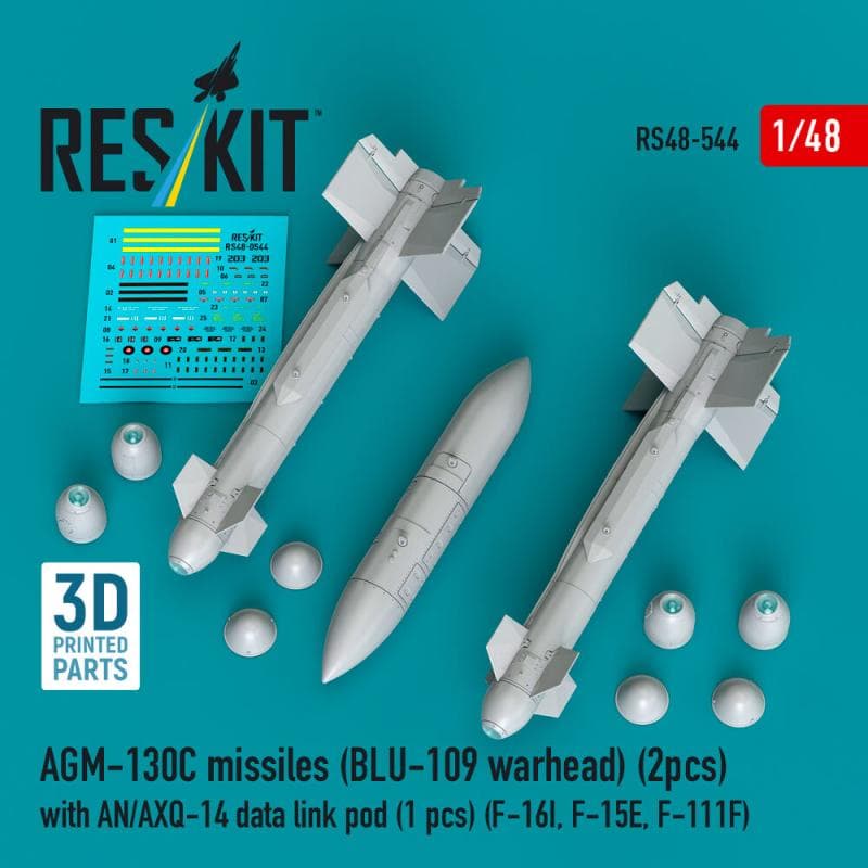 Agm-130c Missiles (2 Pcs) (Blu-109 Warhead) With An/Axq-14 Data Link Pod (1 Pcs) (F-16i, F-15e, F-111f) (3d Printed)