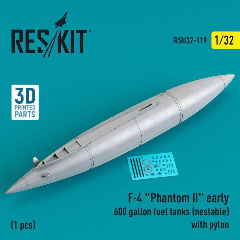 F-4 Phantom Ii Early 600 Gallon Fuel Tanks (Nestable) With Pylon (1 Pcs) (3d Printed)