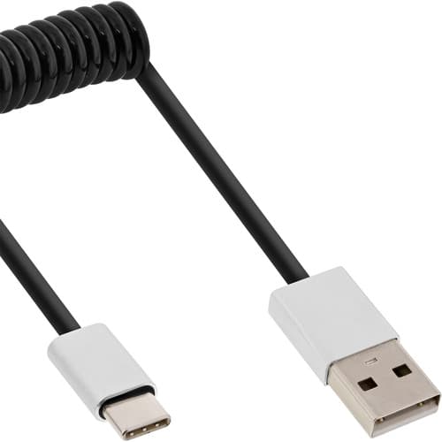 Inline® Usb 2.0 Spiralkabel, Usb-C St An A St, Schwarz/Alu, Flexibel, 2m