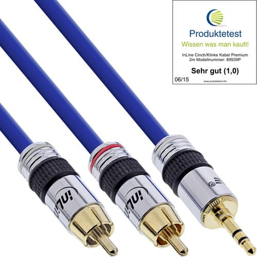 Inline® Cinch/Klinke Kabel, Premium, 2x Cinch Stecker An 3,5mm Klinke, 15m