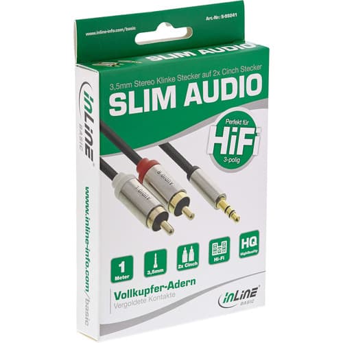 Inline® Basic Slim Audio Kabel Klinke 3,5mm St An 2x Cinch St, 1m